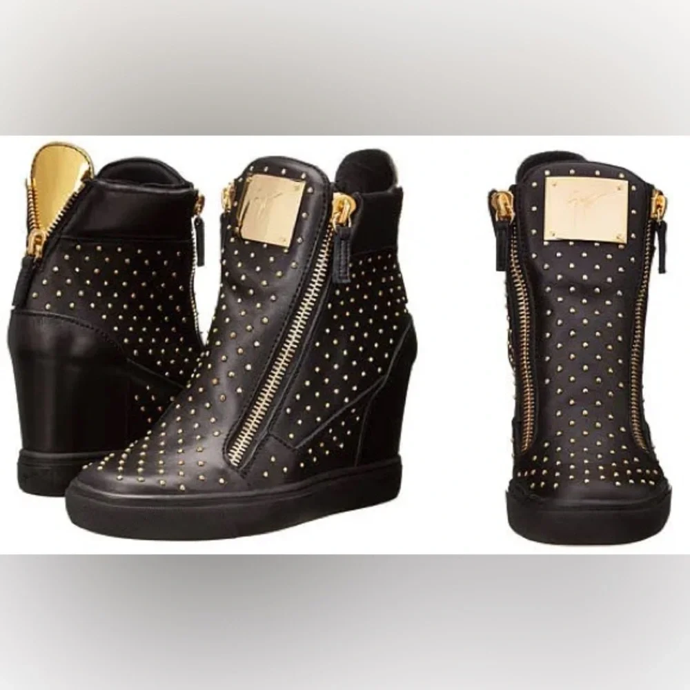 Giuseppe Zanotti Wedge Sneaker Black Leather Gold Studded Boots Heels 39.5 9